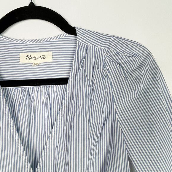 Madewell 2XS Blue White Striped Wrap Tie Blouse Top 3/4 Sleeves Cotton VNeck - Picture 3 of 11